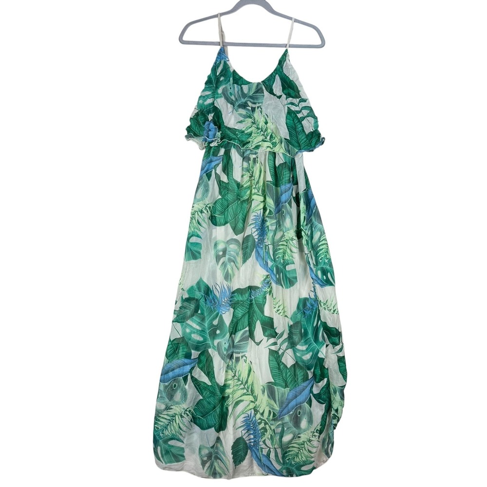 Elena Baldi Dress Womens XS Green Tropical Maxi‎ Sundress Ruffle Lined Italy